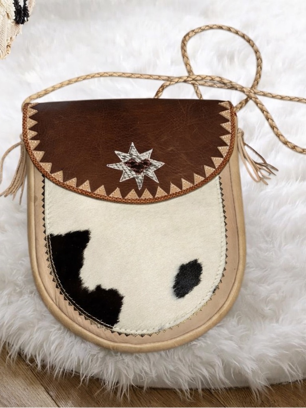 RUBY FIRECAT Boho Festival Cowhide Crossbody Shoulder Bag Brown Cream 8x11x2 EUC